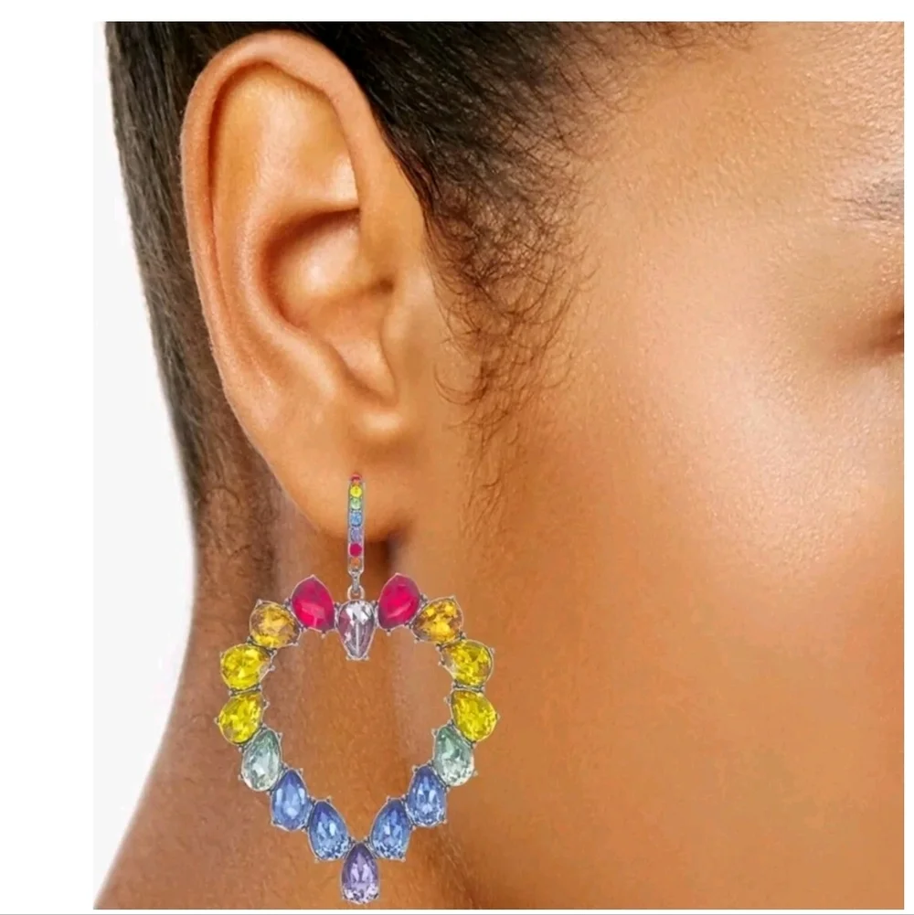 Simply Vera Vera Wang Pewter Tone Rainbow Crystal Hoop Heart Earrings Gift NWT